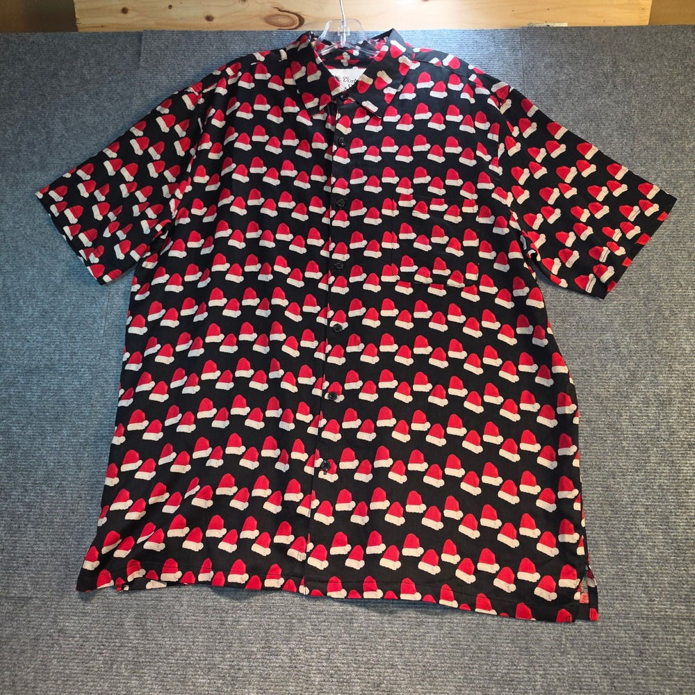 Vintage Silk Shirt Mens XXL Black Red Santa Hat 100% Silk Excellent Holiday Top